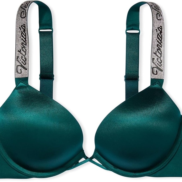 Victorias Secret Bombshell NWT Shine Logo Strap Push Up Bra 34C Green Mystique - Picture 2 of 5